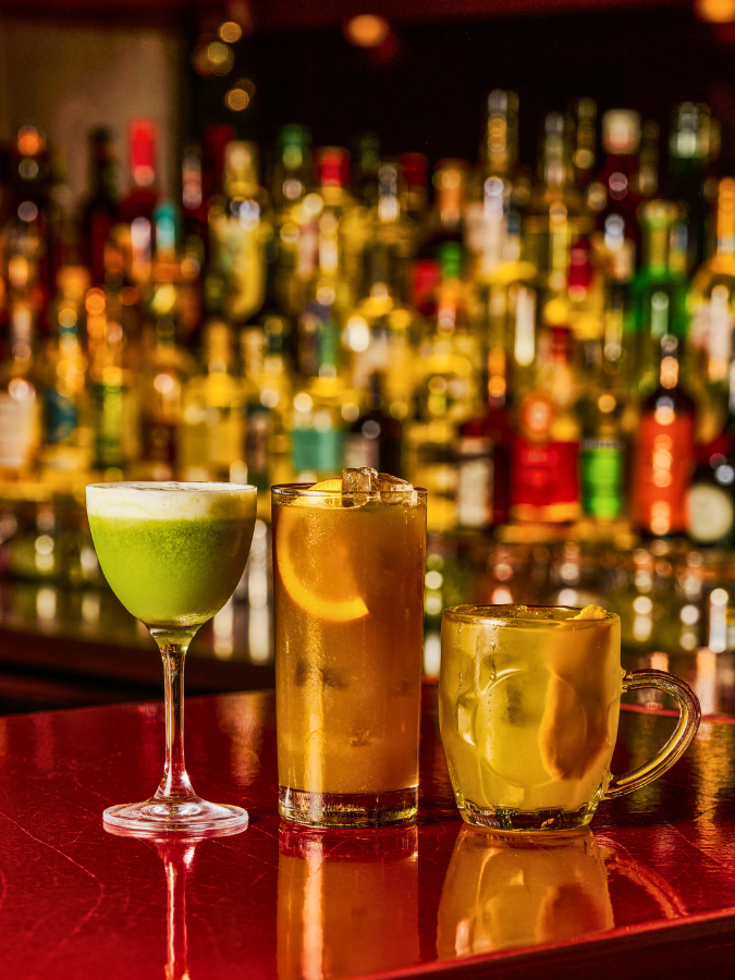 Selection of delicious and colourful alcohol-free drinks and mocktails from including the Balaram Street Iced CB-Tea and a vibrant Matcha Sour