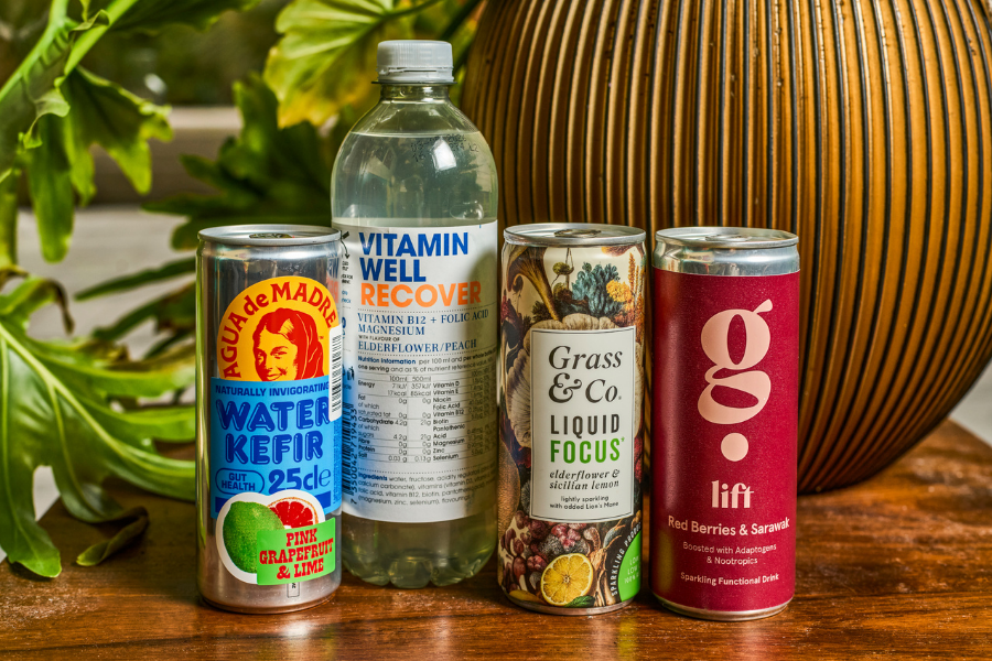 Selection of functional drinks including Agua de Madre Water Kefir, Vitamin Well Recover, Grass & Co Liquid Focus and G. Lift Red Berries.