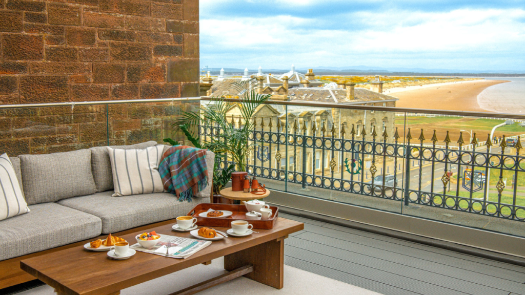 Private terrace at Seaton House overlooking West Sands and St Andrews Bay.