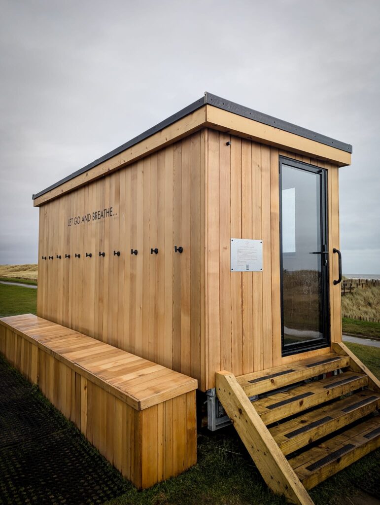 Outdoor sauna on the dunes near Seaton House St Andrews overlooking the beach.