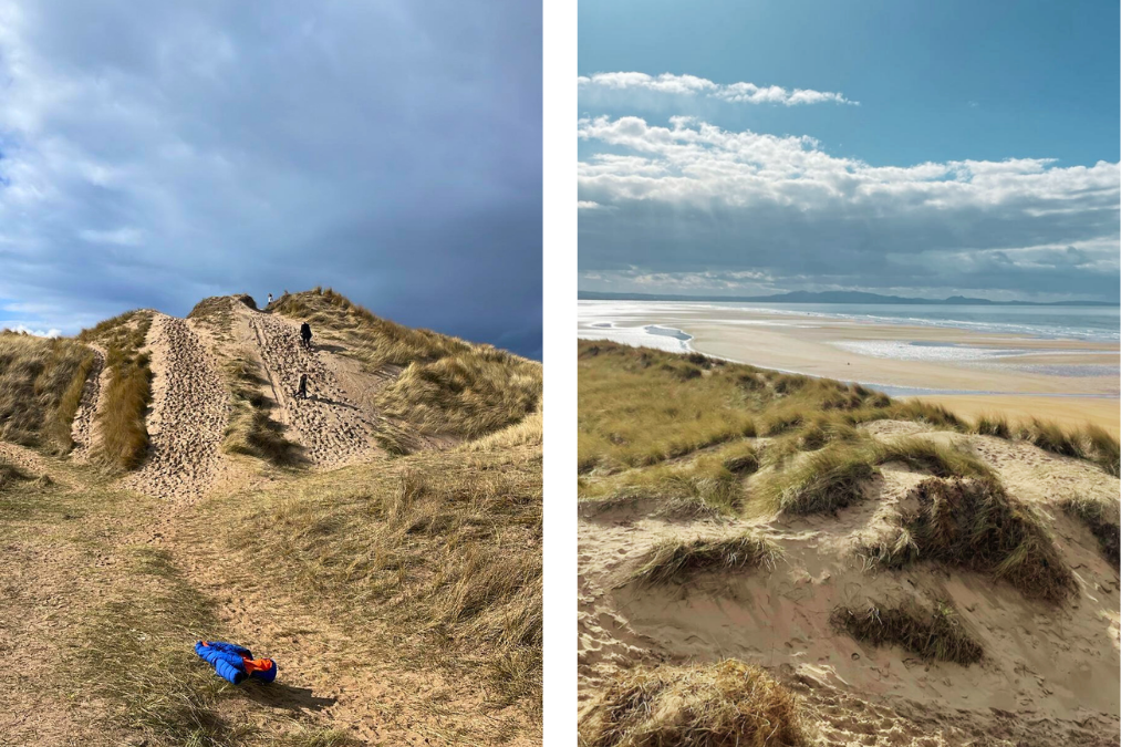 Grassy sand dunes leading down to expansive sandy beach and sea views at this east lothian beauty spot
