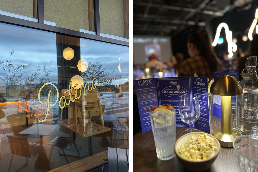 Patina Edinburgh restaurant window exterior and Taste Film dining table setup with drinks, popcorn and menu