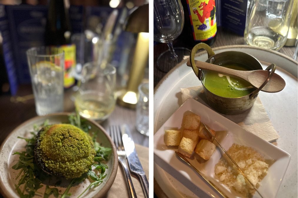 Plated starter dishes at immersive dining experience including green soup and breadcrumb-coated dish