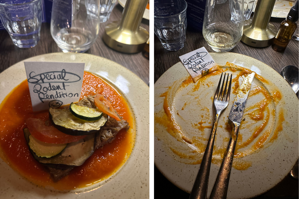 Ratatouille dish served with handwritten “Special Rodent Rendition” card before and after eating