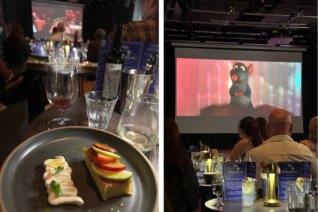 Dessert course served during film screening with audience watching Ratatouille on screen