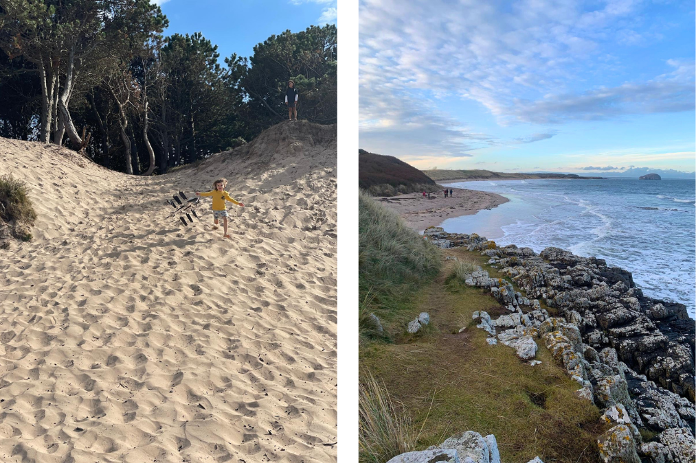 Child running down sandy dunes with trees behind on a coastal beach near Edinburgh.