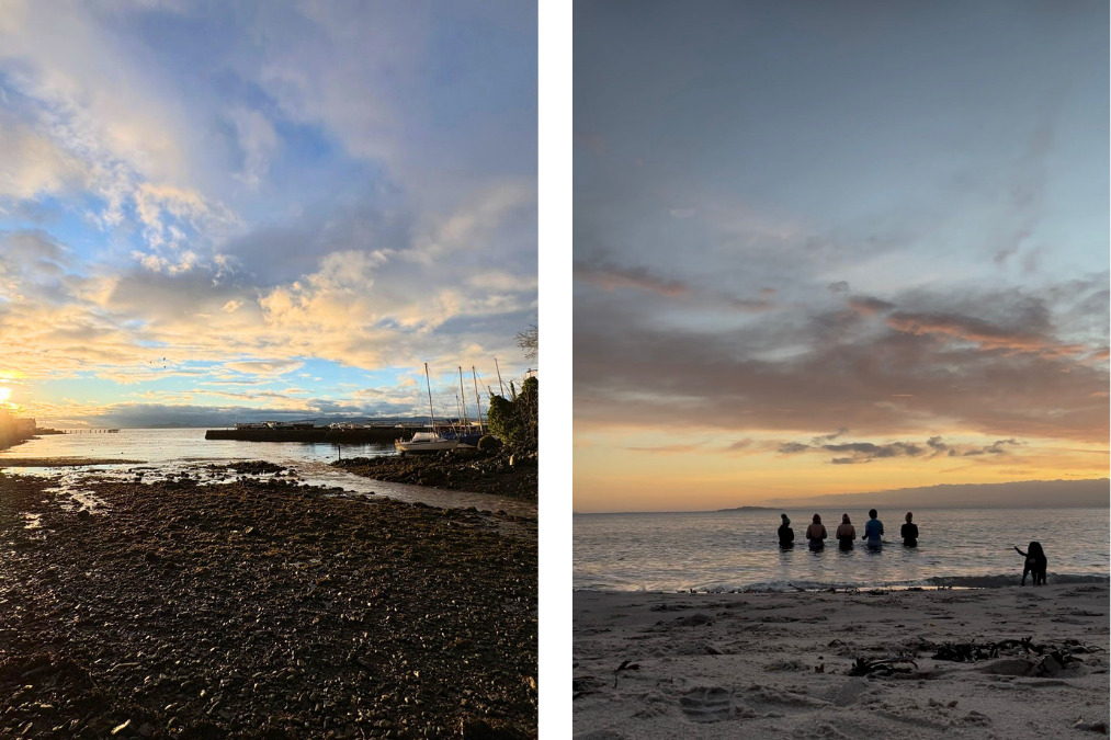 Rocky shoreline and small harbour with boats at sunset and Group of people standing in the sea at sunset with a dog on Aberdour beach