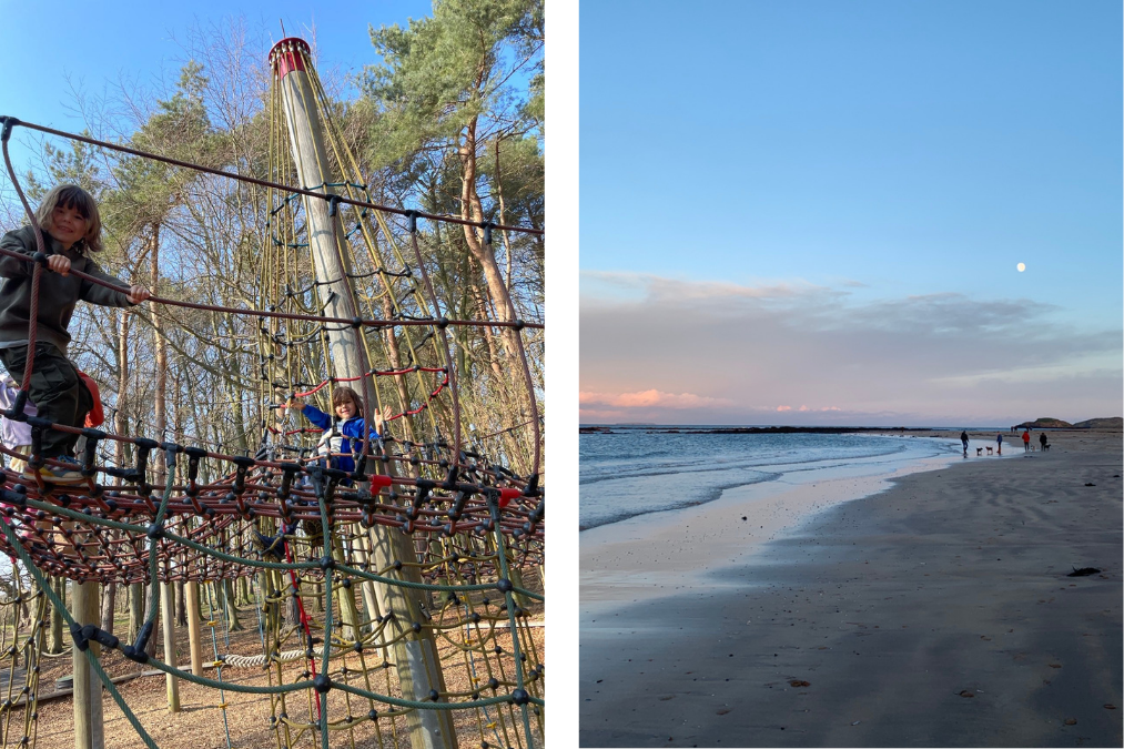 Children playing on rope climbing frame in woodland play area