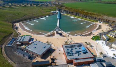 Aerial view of Lost Shore Surf Resort and its surf lagoon near Edinburgh