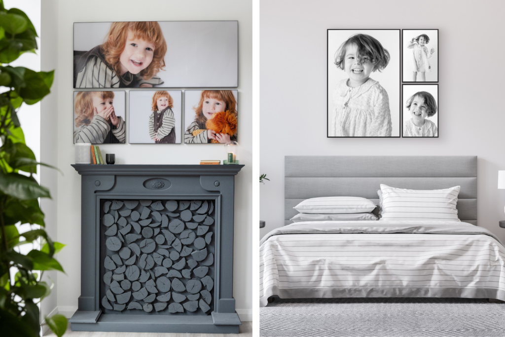 Framed children's portrait photographs displayed above a fireplace and bed, showcasing bespoke wall art by Blue Sky Photography.