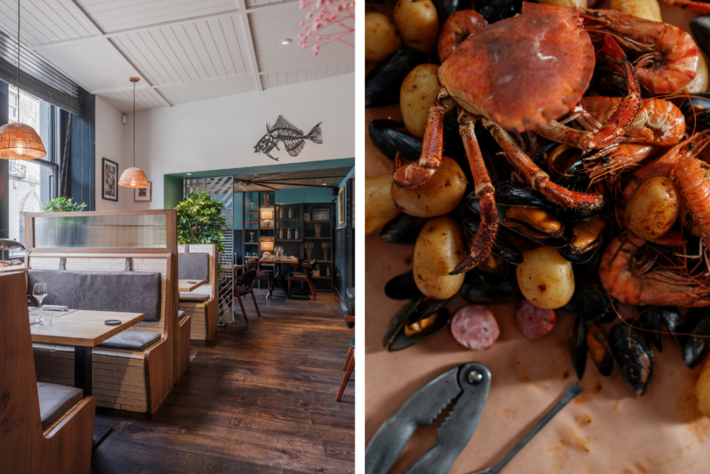 Interior of Dulse Leith restaurant alongside a close-up of its Seafood Boil featuring crab, prawns, mussels and potatoes.