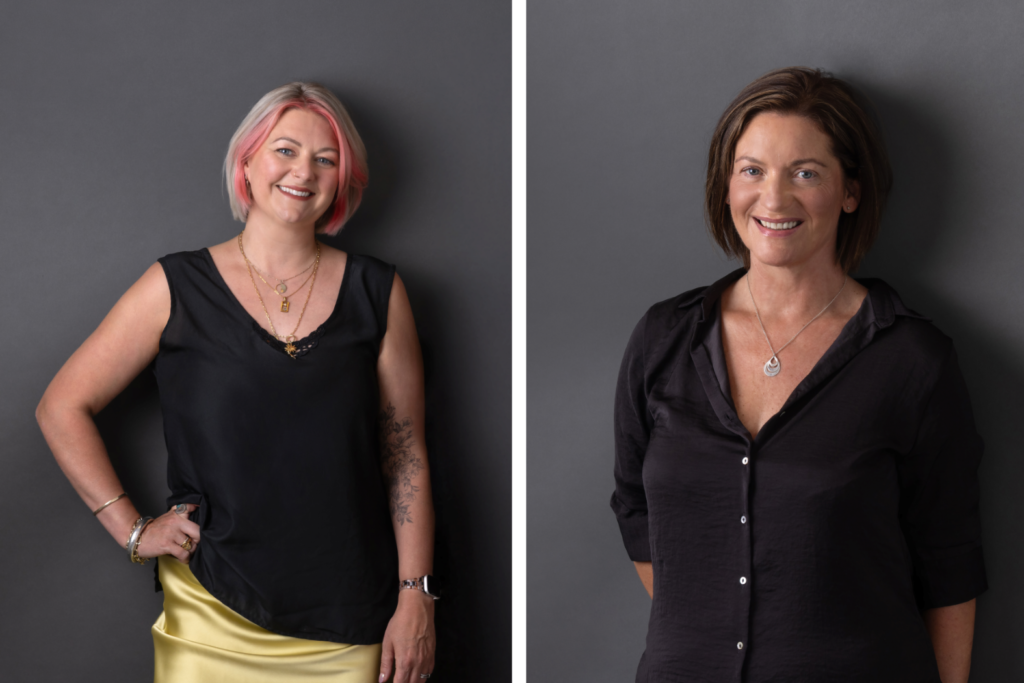 aura and Bex from noted. smiling for individual studio portraits against a dark grey background, photographed by Blue Sky Photography.