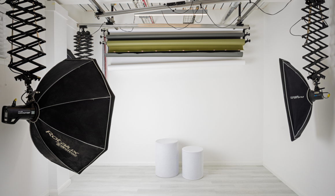 Inside Blue Sky Photography's professional photography studio, featuring softbox lighting, adjustable backdrops and a bright, spacious setting for family and pet portraits.